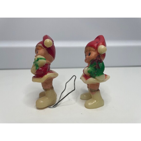 2 VTG HARD PLASTIC XMAS GIRL PIXIE ELF 2.5” FIGURINES WREATH GIFT HONG KONG - Picture 2 of 5